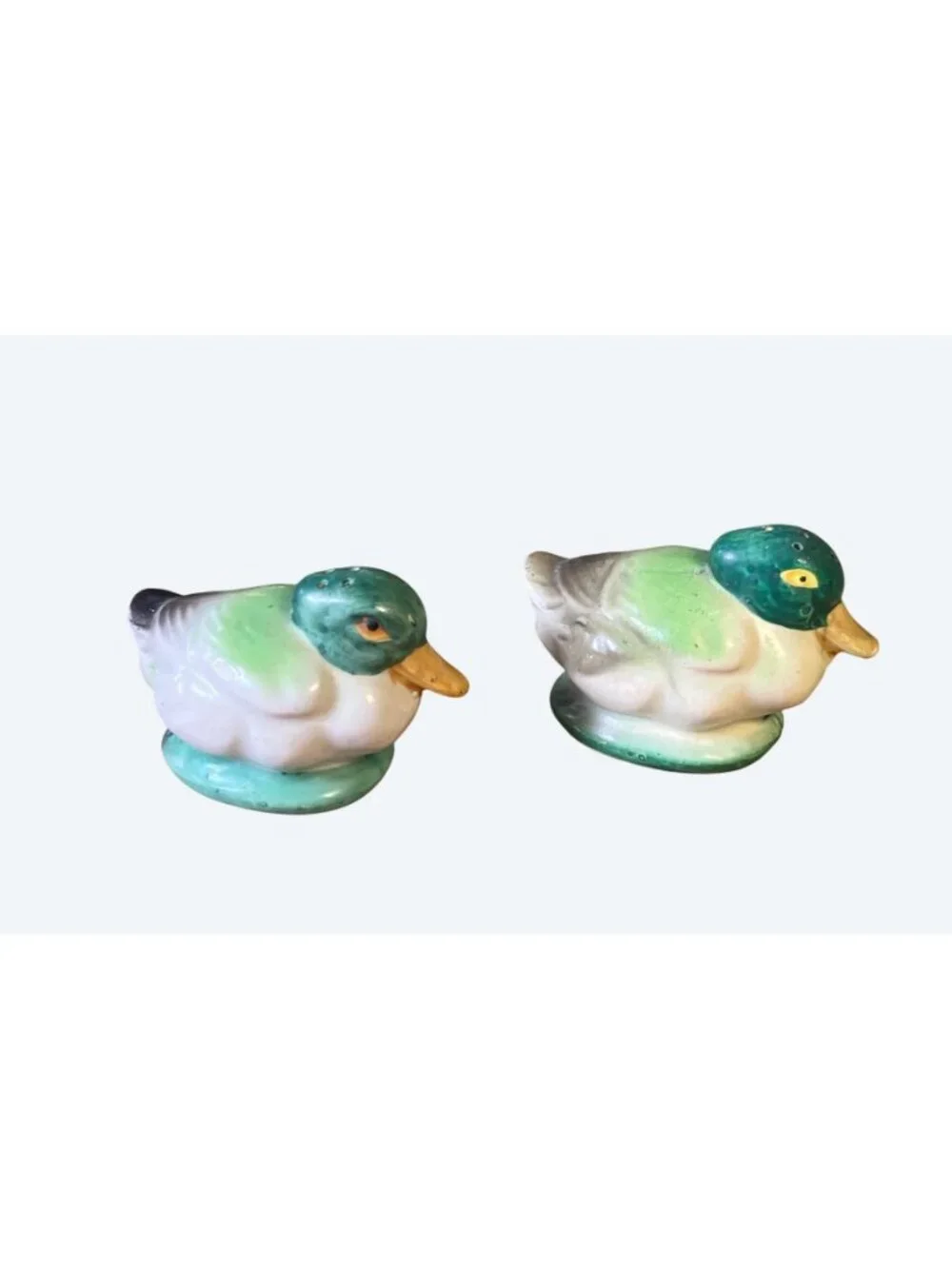 Vintage Ceramic Duck Salt Pepper Shakers Hand Painted Green Yellow Mallard Pair